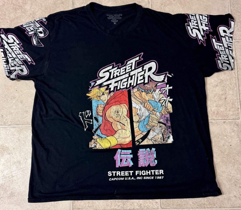 Vtg Street Fighter Ken Ryu Graphic T-Shirt Capcom 1987 Sleeve Print 4XL